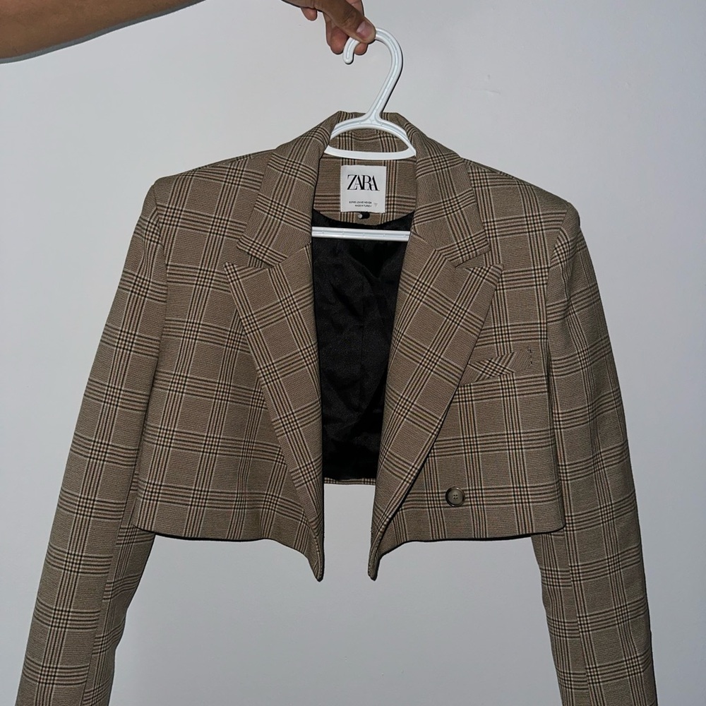 Zara Brown Cropped Blazer with Classic Plaid